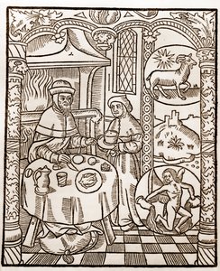 Kalendarz pasterza - Praca miesięcy - Styczeń - Drzeworyt z książki z 1496 r. wydrukowanej przez Guya Marchanta (Guido Mercator) w Troyes - Drzeworyt w "Le grand Calendrier et compost des shepherds" -