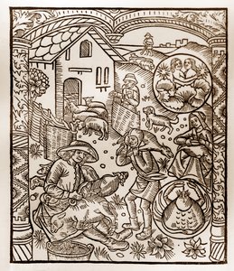 Kalendarz pasterza - Praca miesiąca - Czerwiec - Drzeworyt z książki z 1496 r. wydrukowanej przez Guya Marchanta (Guido Mercator) w Troyes - Drzeworyt w "Le grand Calendrier et compost des shepherds" -