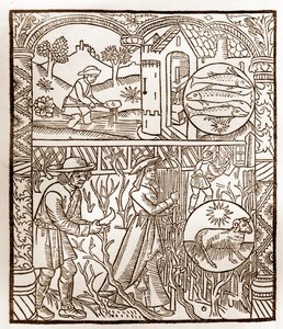 Kalendarz pasterza - Praca miesiąca - Marzec - Drzeworyt z książki z 1496 r. wydrukowanej przez Guya Marchanta (Guido Mercator) w Troyes - Drzeworyt w "Le grand Calendrier et compost des shepherds" - autorstwa Guy Marchant