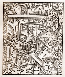 Kalendarz pasterza - Praca miesiąca - Listopad - Drzeworyt z książki z 1496 r. wydrukowanej przez Guya Marchanta (Guido Mercator) w Troyes - Drzeworyt w ""Le grand Calendrier et compost des shepherds"" - Piec chlebowy -