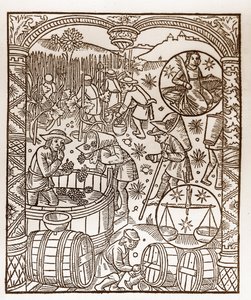 Kalendarz pasterski - Praca miesiąca - Październik - Drzeworyt z książki z 1496 r. wydrukowanej przez Guya Marchanta (Guido Mercator) w Troyes - Drzeworyt w ""Le grand Calendrier et compost des shepherds"" - Żniwa - i oznaki zodiak: