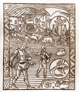 Kalendarz pasterza - Praca miesiąca - Wrzesień - Drzeworyt z książki z 1496 r. wydrukowanej przez Guya Marchanta (Guido Mercator) w Troyes - Au premier plan, des peassans sement a la volee - Drzeworyt w „Le grand Calendrier et compost des shepherds” - autorstwa Guy Marchant