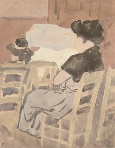 Kobieta i młoda dziewczyna we wnętrzu kościoła (akwarela na papierze) autorstwa Gwen John