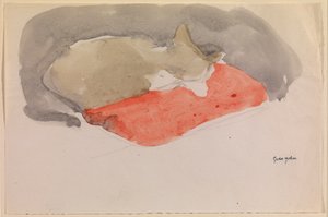 Kot śpiący na czerwonej poduszce (gwasz i ołówek na papierze) autorstwa Gwen John