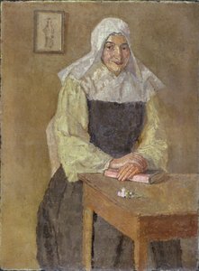 Mere Poussepin siedząca przy stole (olej na płótnie) autorstwa Gwen John