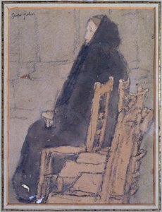 Stara kobieta w czarnym szalu (akwarela, body i czarna kredka na beżowym papierze) autorstwa Gwen John