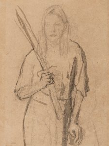 Stojąca Dziewczyna z drewnianym słupkiem w dłoni (ołówek i pranie na papierze) autorstwa Gwen John