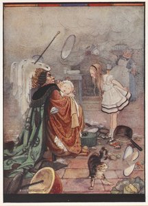 Chaotyczna scena kuchenna z Dutchess niosącą świnię przebraną za dziecko, rozmawiającą z Alice, podczas gdy kucharz rzuca naczyniami. autorstwa Gwynedd M. Hudson