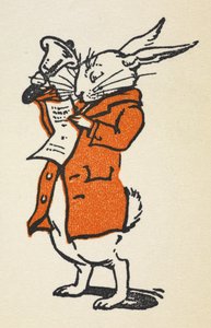 Ilustracja przedstawiająca Białego Królika w czerwonej kurtce dzwoniącego dużym dzwonkiem i czytającego