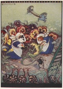 Ilustracja przedstawiająca dwie świnki morskie ubrane w stroje pokojówek opiekujące się jaszczurką, podczas gdy dwa jeże niosą nosze, aby jej pomóc.