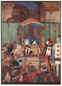 Król i Królowa Kier na tronie na dworze podczas procesu Knave of Hearts.