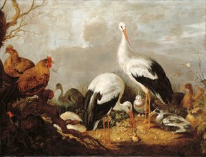 Bociany, kaczki krzyżówki, kury, czapla, żaba i inne ptaki w krajobrazie rzecznym autorstwa Gysbert Hondecoeter
