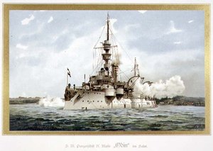 ŚM Panzerschiff, IV Klasse, „Odyn” im Salut (okręt pancerny H.M., 4. klasa, „Odyn” w Salucie) 1899 (lito) autorstwa H. Graf