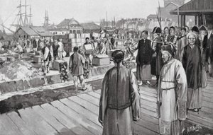 Komisarz Lin niszczy tysiące skrzyń opium (litografia)
