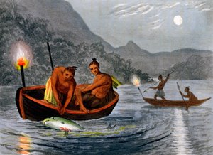 Rdzenni Amerykanie łowią ryby przy świetle pochodni w Ameryce Północnej, 1813 r.