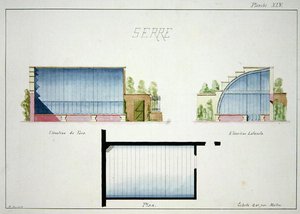 Projekt szklarni z zakrzywionymi szklanymi ścianami i dachem, z folio oryginalnych rysunków w stylu klasycznym i wczesnobelle-epoque, ok. 1870 (pióro i atrament na papierze)