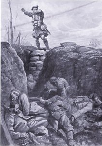 Szeregowy Brown (Gordon Highlander) bombarduje wroga w niemieckim okopie ze szczytu barykady. (lito)