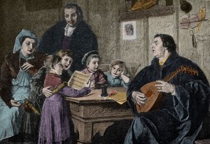 Marcin Luter (1483-1546) pośród swojej rodziny (rycina wg H Stelznera) autorstwa H. Stelzner