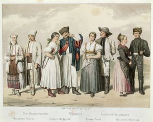 Stroje chłopów z (L do R) Rumunii, Węgier, Słowacji i Niemiec, z "Esquisses de la Vie Populaire en Hongroie" Gabriela de Pronay, 1855 r. autorstwa H. Veber