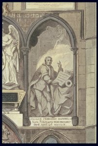 West Side of Poets Corner, tablica 25 z Opactwa Westminsterskiego, fragment Pomnika Pogrzebowego Jerzego Fryderyka Haendla 1685-1759, ryt. J. Bluck fl.1791-1831 wyd. autor: Rudolph Ackermann 1764-1834 1 autorstwa H. Villiers