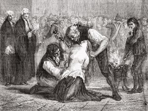Tortura Madame de la Motte, grawerowane przez Meyer-Heine, z „Histoire de la Revolution Francaise” Louisa Blanca (1811-82)