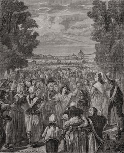 Marsz kobiet na Wersal, 5-6 października 1789, rycina autorstwa Pannemaker-Ligny, z "Histoire de la Revolution Francaise" Louisa Blanc (1811-82)