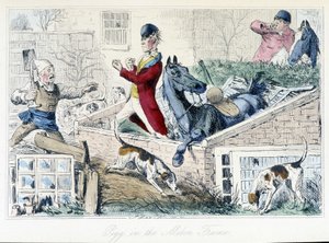 Walka między rolnikiem a myśliwym. Angielska karykatura o polowaniu na lisa z „Przygód Thomasa Scotta lub Hawbucka Grange”, ilustracja H.K. Browne i WT Maud. autorstwa Hablot Knight Browne