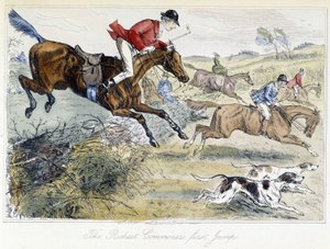 Scena polowania, angielska kreskówka o polowaniu na lisy, zaczerpnięta z „”przygód Thomasa Scotta, czyli Hawbuck Grange”, ilustracja H.K. Browne i WT Maud. autorstwa Hablot Knight Browne