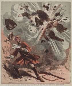 Baron Munchausen strzela do niedźwiedzia, ku własnemu zdumieniu niedźwiedzia (kolor lito)