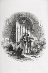 Konsekrowana ziemia, ilustracja z „Ponurego domu” Charlesa Dickensa (1812-70) opublikowana w 1853 r. autorstwa Hablot Knight Browne