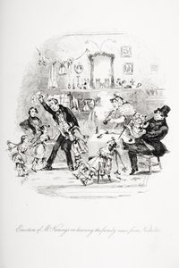 Wzruszenie pana Kenwigsa po usłyszeniu rodzinnych wieści od Mikołaja, ilustracja z „Nicholas Nickleby” autorstwa Charlesa Dickensa (1812-70) opublikowana w 1839 r. (patrz także 259138) autorstwa Hablot Knight Browne