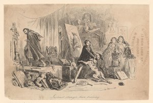 W swojej pracowni Henry Gowan powstrzymuje psa, który właśnie rozpoznał przestępcę Rigauda autorstwa Hablot Knight Browne