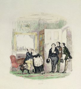 Pana Pickwicka odnajdują jego przyjaciele z panią Bardell w ramionach, ilustracja z „Pickwick Papers” Charlesa Dickensa (1812-70) 1837 (kolorowa grawerunek)