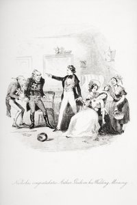 Nicholas gratuluje Arthurowi Gride w poranek poślubny, ilustracja z „Nicholas Nickleby” autorstwa Charlesa Dickensa (1812-70) opublikowana w 1839 r. (patrz także 259152) autorstwa Hablot Knight Browne