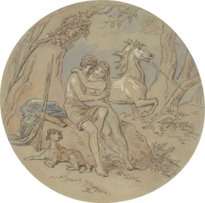 Jeden z osiemnastu projektów serii talerzy przedstawiających Wenus i Adonisa autorstwa Hablot Knight Browne