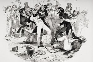 Ostatnia bójka między Sir Mulberry a jego uczniem, ilustracja z „Nicholas Nickleby” Charlesa Dickensa (1812-70) opublikowana w 1839 r. (litografia) (patrz także 249150) autorstwa Hablot Knight Browne