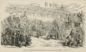 Pośpiech na omnibusy na południowo-wschodniej pętli kolejowej, London Bridge autorstwa Hablot Knight Browne