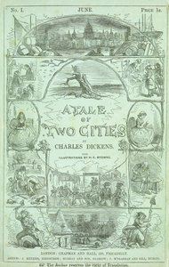 Strona tytułowa z pierwszej części pierwszego wydania w odcinkach książki "Opowieść o dwóch miastach" Charlesa Dickensa, 1859 autorstwa Hablot Knight Browne
