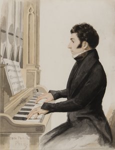 Tom Pinch grający na organach Salisbury (wc na papierze) autorstwa Hablot Knight Browne
