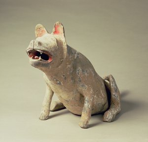 Wczesny chiński pies siedzący na ceramice, artefakt grobowy, dynastia Han, 206 pne-220 ne (ceramika)