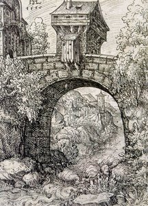 Wieś z bramą mostową i wodą, ok. 1550 (akwaforta)