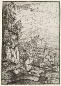 Krajobraz z drogą do zamku na wyspie na rzece, 1554.