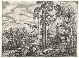 Krajobraz z miastem nad rzeką i chatą między drzewami, 1551.