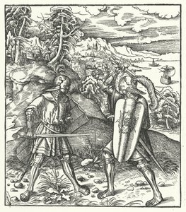 Arcyksiążę Maksymilian Austrii w zbroi walczącej mieczem (rycina) autorstwa Hans (after) Burgkmair