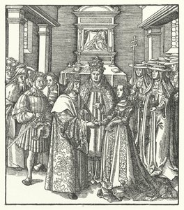 Papież Mikołaj V przewodniczy małżeństwu cesarza Fryderyka III i Eleonory Portugalskiej w Rzymie autorstwa Hans (after) Burgkmair