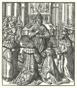 Cesarz Rzymski Fryderyk III i Cesarzowa Eleonora przyjęli Komunię Świętą od Papieża (rycina) autorstwa Hans (after) Burgkmair