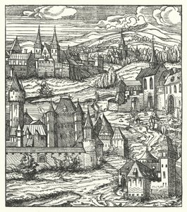 Wiener Neustadt , Austria , miejsce urodzenia Maksymiliana I , cesarza rzymskiego ( grawerowanie ) autorstwa Hans (after) Burgkmair