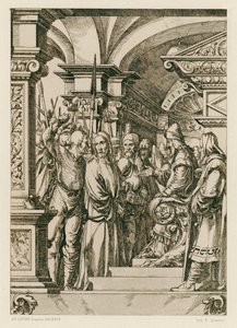 Jezus Chrystus przed Kajfaszem (rycina) autorstwa Hans (after) Holbein the Younger