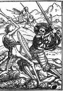 Udawana śmierć Hansa Holbeina Młodego (1497-1543): żołnierza. Żołnierz walczy ze Śmiercią; u ich stóp leżą ciała innych wojowników. Rytownictwo.