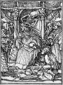 Symulakony śmierci Hansa Holbeina Młodego (1497-1543): cesarza. Śmierć odbiera cesarzowi koronę, a chłop błaga go o sprawiedliwość. Rytownictwo.